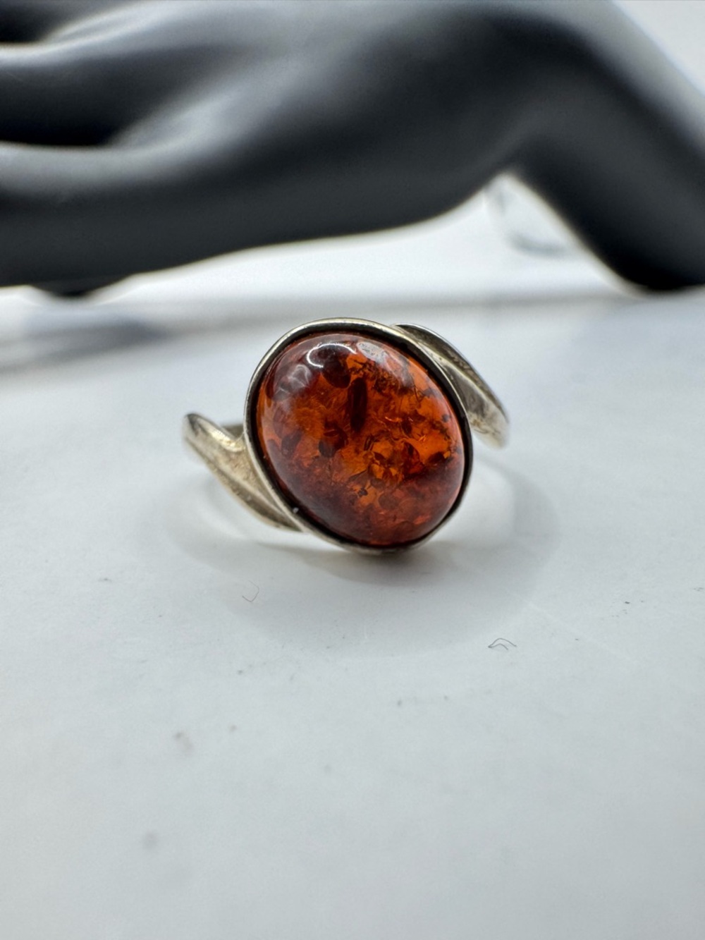 Vintage Sterling Silver Amber Ring - Size 5